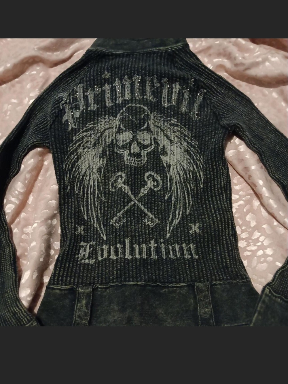 Womens Black Skull Graphic Ribbed Sweater Jacket